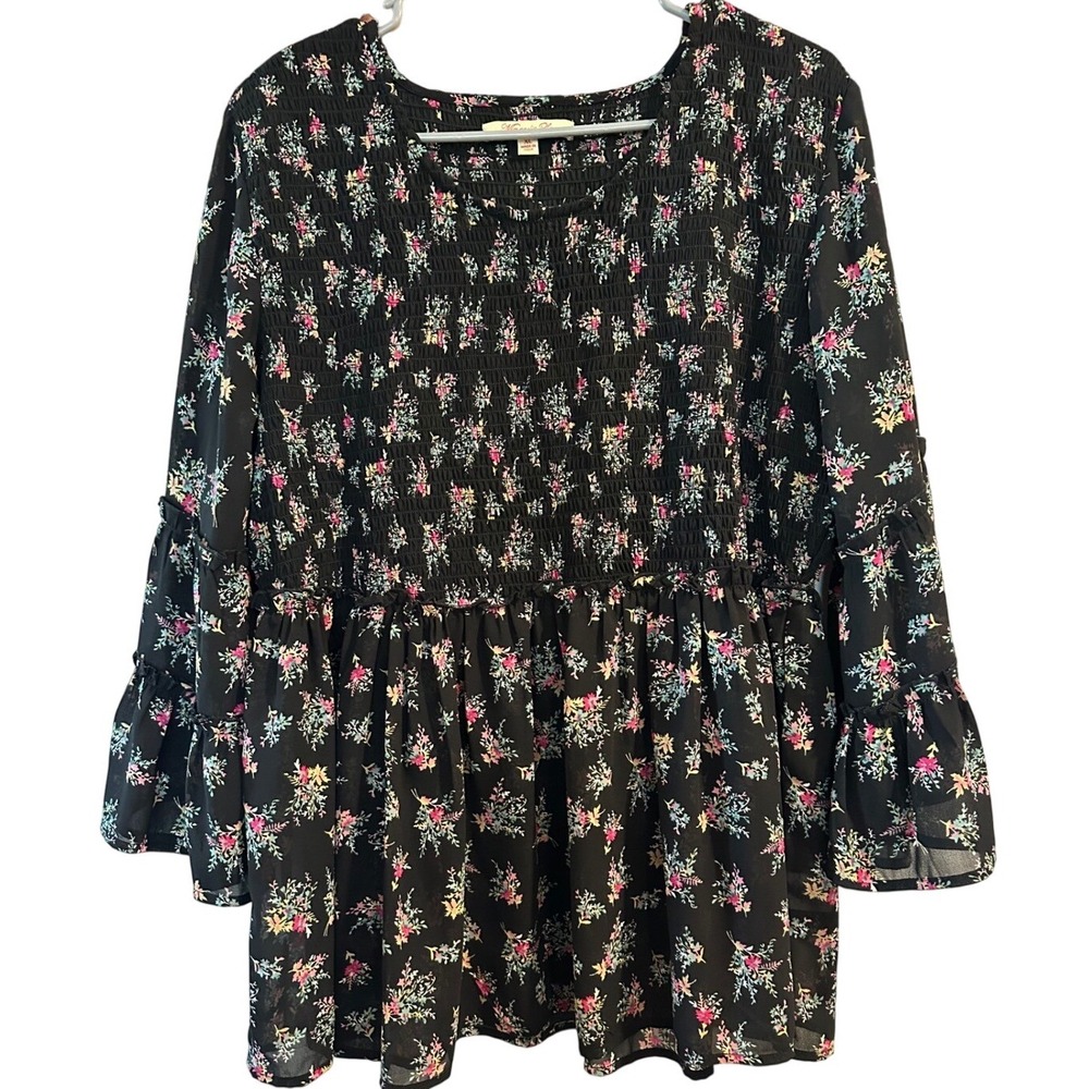 Magnolia Lane Floral Smocked Peplum Blouse Black Tiered Bell Sleeve XL